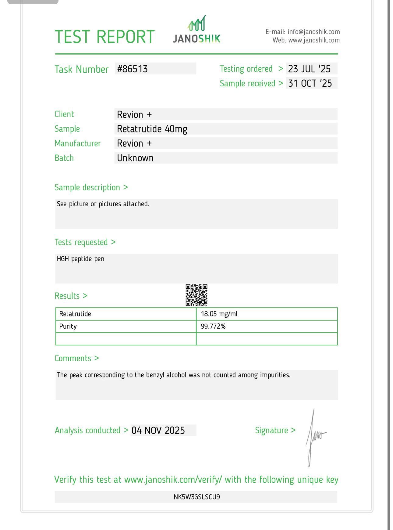 Revion+ Retatrutide 40mg lab report