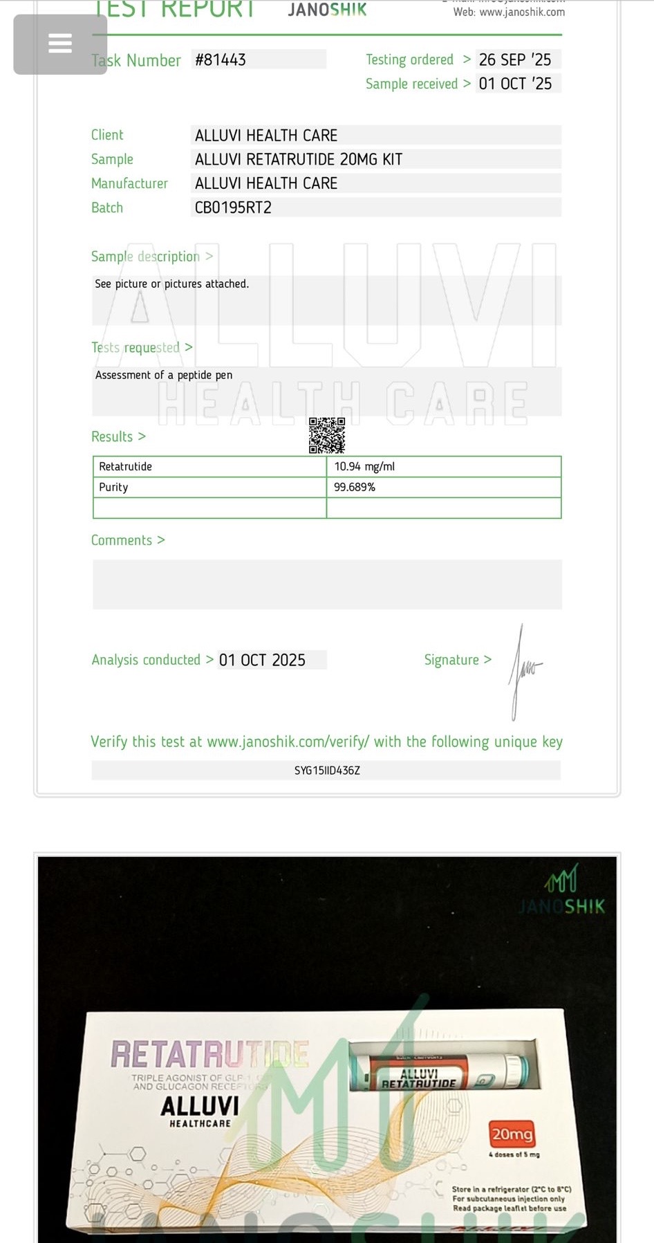 Alluvi Healthcare Retatrutide 20mg lab report