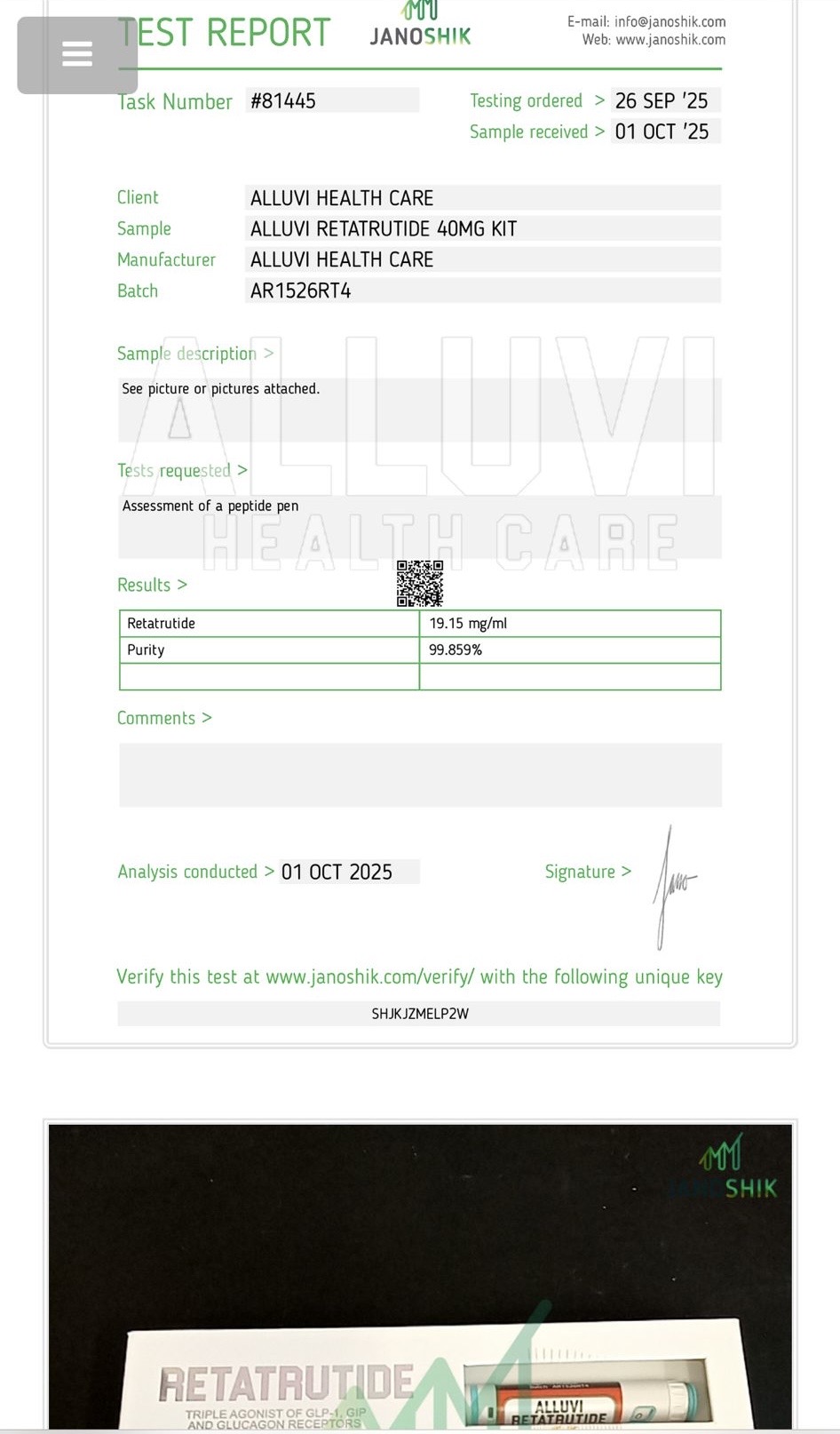 Alluvi Healthcare Retatrutide 40mg lab report